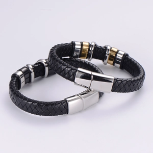 Men's braided leather bracelet with stainless steel magnetic clasps in black and gold finish