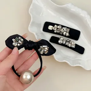 French vintage black satin bow hair tie with rhinestones and pearl BB hair clips set