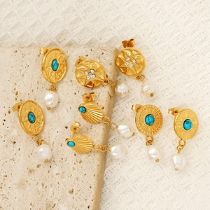 Vintage 18K gold plated stainless steel fan earrings with turquoise and baroque pearls