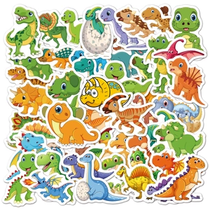 Close-up of assorted waterproof cartoon dinosaur stickers for laptops and water bottles