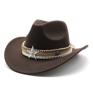 Classic dark brown felt cowboy hat with vintage star badge and turquoise stone detail
