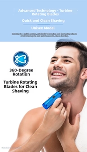 Detail of blue mini portable electric shaver with Type-C port and rotary blades