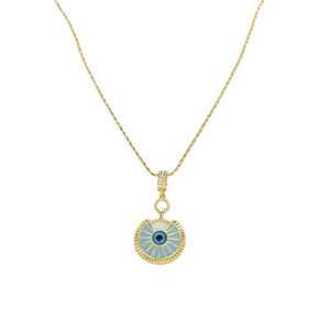 Gold plated Turkish Evil Eye pendant necklace with blue enamel and sparkling crystals