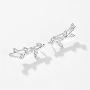 Elegant S925 sterling silver leaf stud earrings featuring white cubic zirconia accents