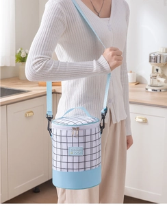 Modern plaid cylindrical insulated lunch bag with adjustable shoulder strap for daily use