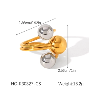 Macro detail of two-tone stainless steel ring showing size dimensions and 18.2g weight