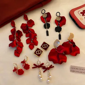 Vintage Red Rose Petal Hoop Drop Earrings With Silver Earring Post Alloy Velvet Bow Faux Artificial Pearl Resin Floral Women Jewelry