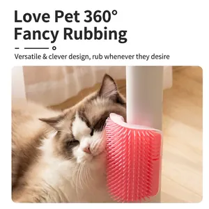 Pink self-grooming cat corner brush with soft silicone bristles for massage and hair removal