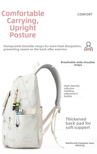 Detail view of breathable wide straps and reinforced stitching on a white school backpack