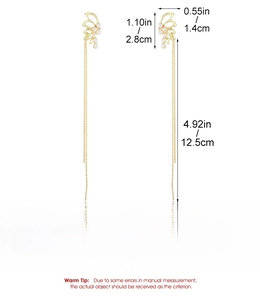 Detail specifications of long gold tassel earrings with measurements and pearl design