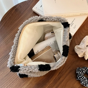 Plush polka dot makeup bag in grey faux shearling with large storage capacity