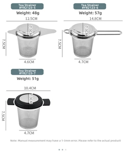 Detailed technical size chart for stainless steel tea strainers with multiple handle designs