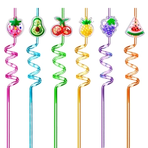 Close-up of reusable fruit straws with colorful sequins and spiral stems in various colors