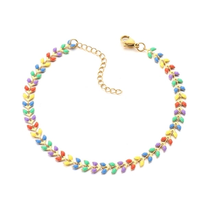 Colorful enamel leaf titanium steel anklet with golden chain and lobster clasp