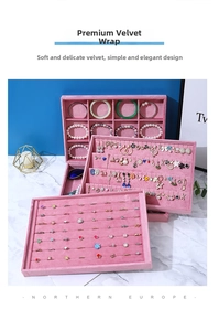 Macro view of pink velvet jewelry display tray set for rings and necklace organization