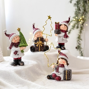 Christmas Resin Figurine Ornament LED Star Tree Wire Frame Desktop Decoration Frosted Snow Texture Holiday Gift Decor