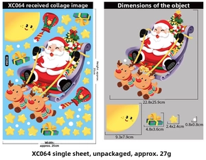 Size guide for Christmas window stickers showing Santa sleigh and stars dimensions