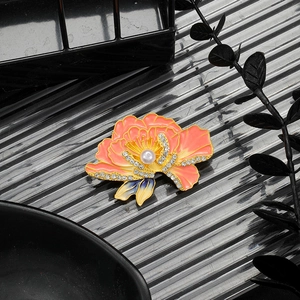 Luxurious Chinese peony flower brooch with pink enamel, pearl center and crystals