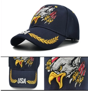 Detail view of navy cotton baseball cap with embroidered eagle and USA text on brim
