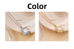 Detailed view of silver and gold textured square pendants with white pearl inlay