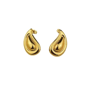 18K gold plated stainless steel teardrop stud earrings with textured concentric stripes