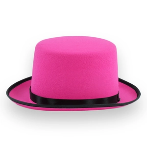 Vibrant rose pink top hat with black satin ribbon and brim edge for stage performance