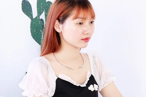 Silver stainless steel square ring necklace shown on model for fashion styling