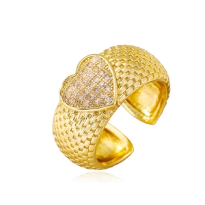 18K gold plated heart ring with zircon stones and woven texture in an open design