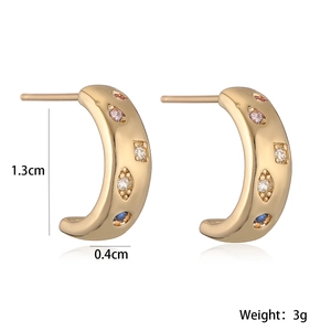 Mini 18K gold plated C-shaped earrings with colorful cubic zirconia and measurements