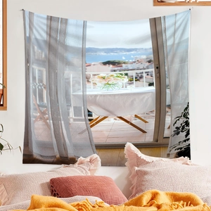 Mediterranean sea view wall tapestry hanging over bed for cozy room decoration