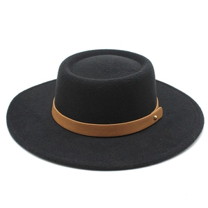 Classic black flat top wool felt fedora hat with brown leather band and gold stud