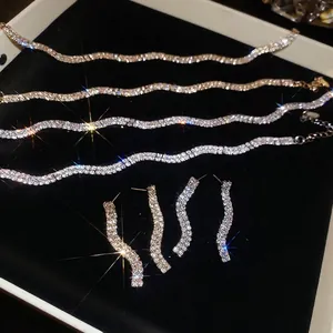 Sparkling wave jewelry set with rhinestone necklaces and earrings in gold and silver