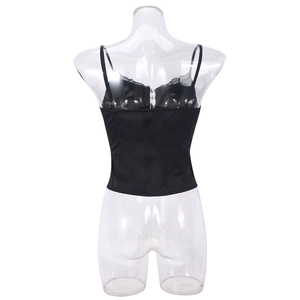 Detail view of black satin corset top featuring lace trim and adjustable thin straps
