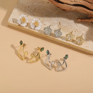 Camellia Flower Snake Stud Earrings Copper Zircon Enamel With 925 Sterling Silver Earring Post 14K Gold Plated