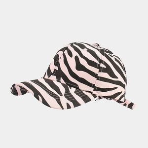Detail view of pink and black zebra print baseball cap with adjustable back strap
