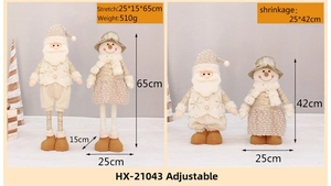 Detail showing adjustable telescopic legs of Santa and Snowman plush figurines