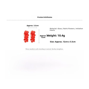 Detail showing red floral earrings dimensions of 12cm by 5.5cm and material specs
