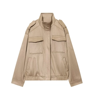 Veste Femme En Suédine Col Montant Épaulettes Utility Casual Rétro Manteau Avec Quatre Poches Ourlet Élastique Manches Longues