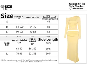Detailed size chart for women's slim fit off-shoulder long sleeve top and skirt set