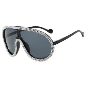Oversized wrap-around cycling sunglasses with crystal rhinestones and grey lenses