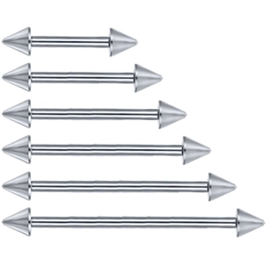 Vertical display of six silver surgical steel tongue barbells with spiked ends on white background