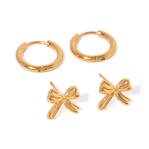 18k gold plated stainless steel jewelry set with hoop earrings and bow studs