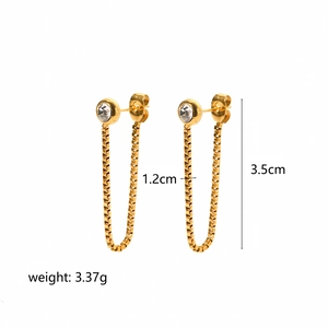 Titanium steel 18K gold chain earrings with crystals and size markings, 3.5cm length