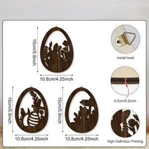Wooden Easter bunny egg ornaments with metal hooks and detailed size dimensions