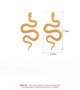 Detailed view of gold snake earrings showing precise dimensions of 7.2cm by 3.3cm on a white background