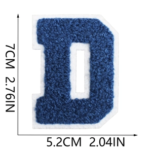 Blue chenille towel letter D patch with size dimensions 7cm x 5.2cm for bags