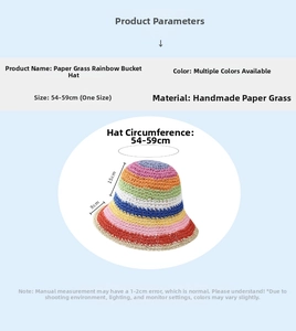Detailed size guide for handmade rainbow straw bucket hat showing 54-59cm circumference