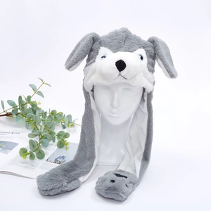 Detail view of soft grey husky plush hat with moving ears and integrated long scarf