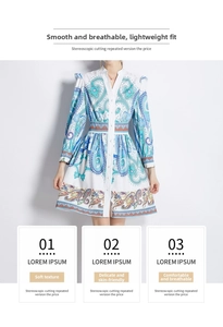 Détail de l'imprimé cachemire bleu sur robe blanche à col en V et manches longues