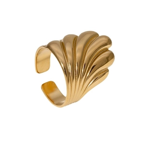 Polished gold-plated stainless steel ring with ribbed shell texture and open band design